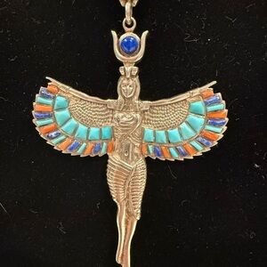 Sterling Silver Goddess Pendant Lapis Turquoise Orange Accents - origin Egypt